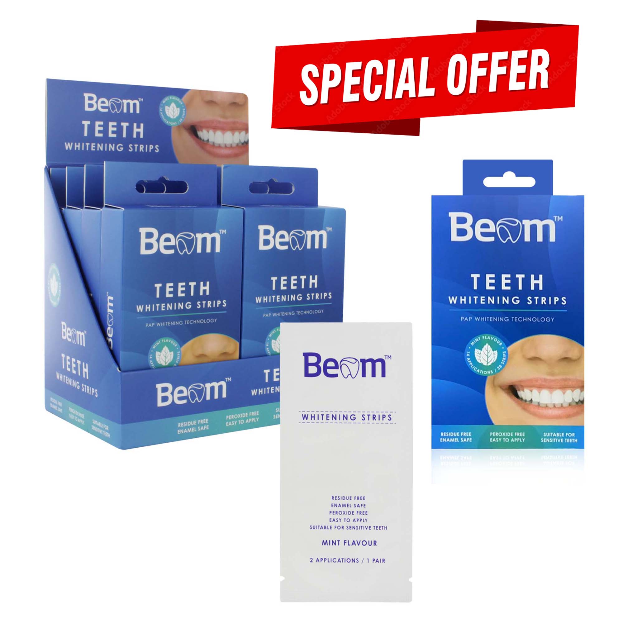 BEAM TEETH WHITENING STRIPS RESIDUE FREE x8
