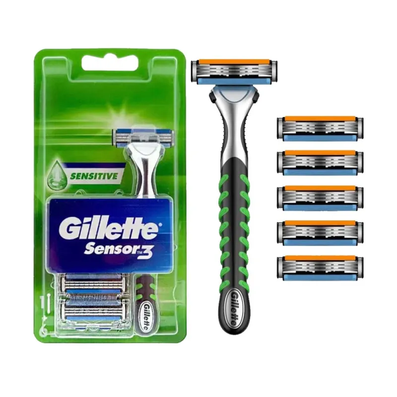 GILLETTE SENSOR 3 RAZOR + 6 HEADS SENSITIVE GREEN PACK x10