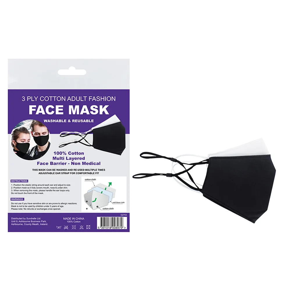 3 PLY BLACK/WHITE COTTON FACE MASK