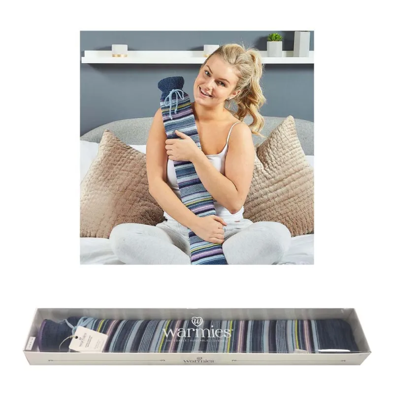 BOT-STR-1 WARMIES LONG HOT WATER BOTTLE BLUE STRIPED BOXED