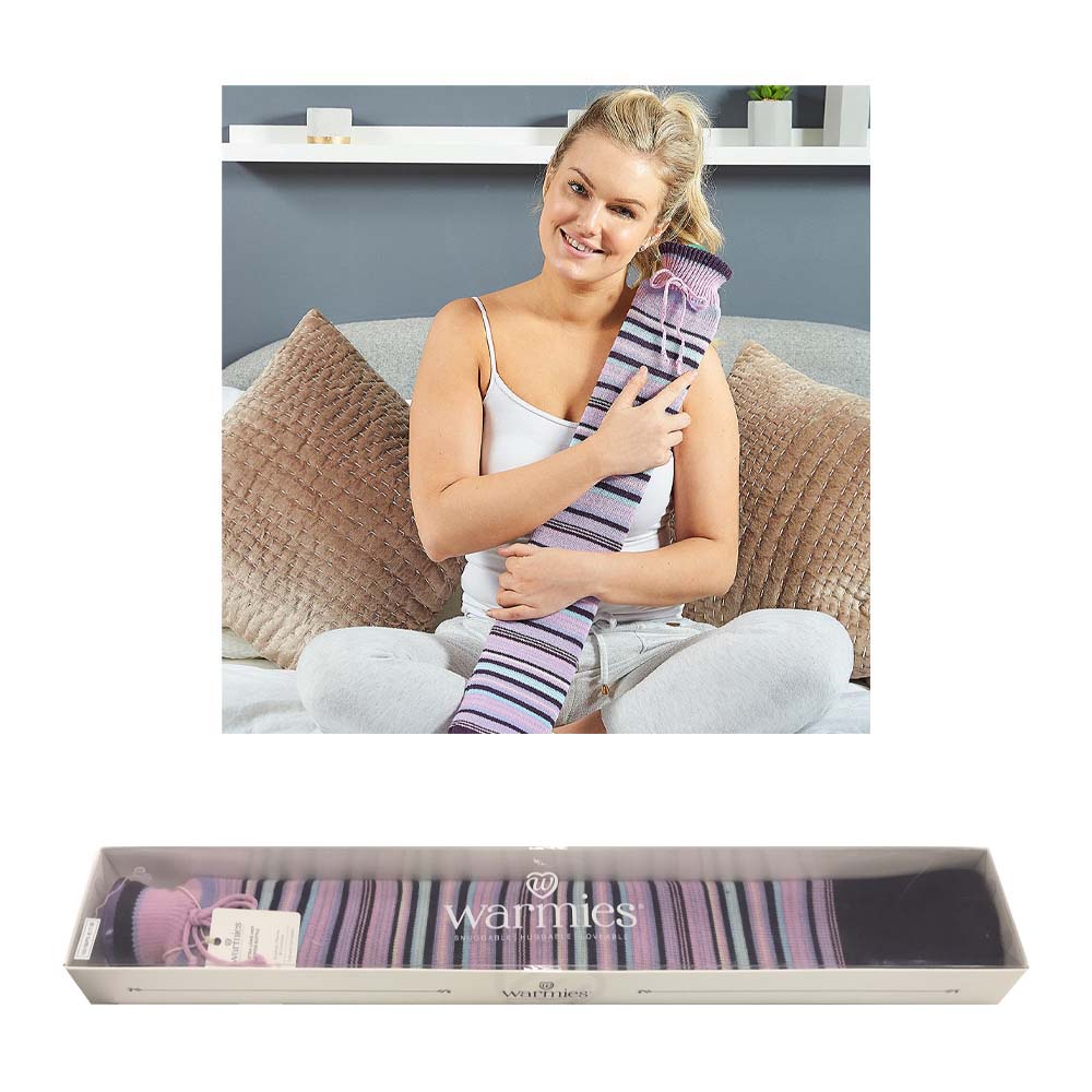 BOT-STR-2 WARMIES LONG HOT WATER BOTTLE PURPLE STRIPED BOXED