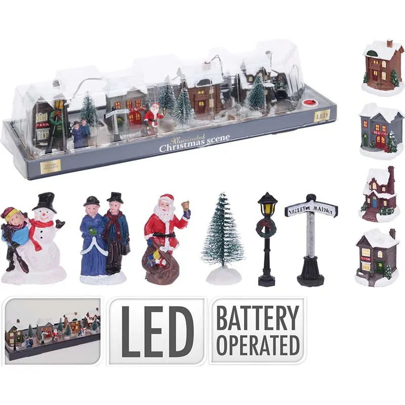 ABG100810 VILLAGE WITH LIGHTS 14pce