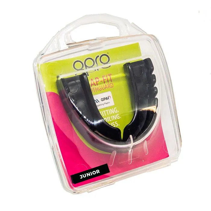 OPRO JUNIOR SNAP FIT MOUTH GUARD JET BLACK (GUM SHIELD)