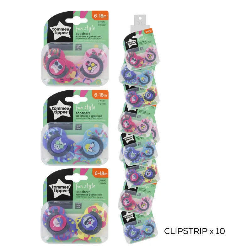 43338392 CTN FUN SOOTHERS 6-18 MTS clip strip x10